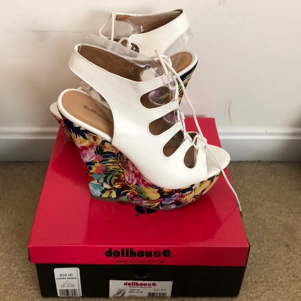 Lace up floral wedges